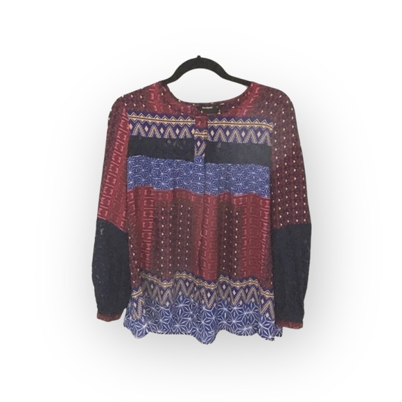 Desigual ๐ Mona Fucsias Boho Lace Sleeve Printed Button Down Shirt ๐ Blue Pink - Picture 4 of 16